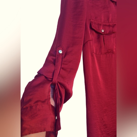 L Diva Red Silky Shirt Button Down Collar Belt Two Front Pockets - Picture 9 of 14